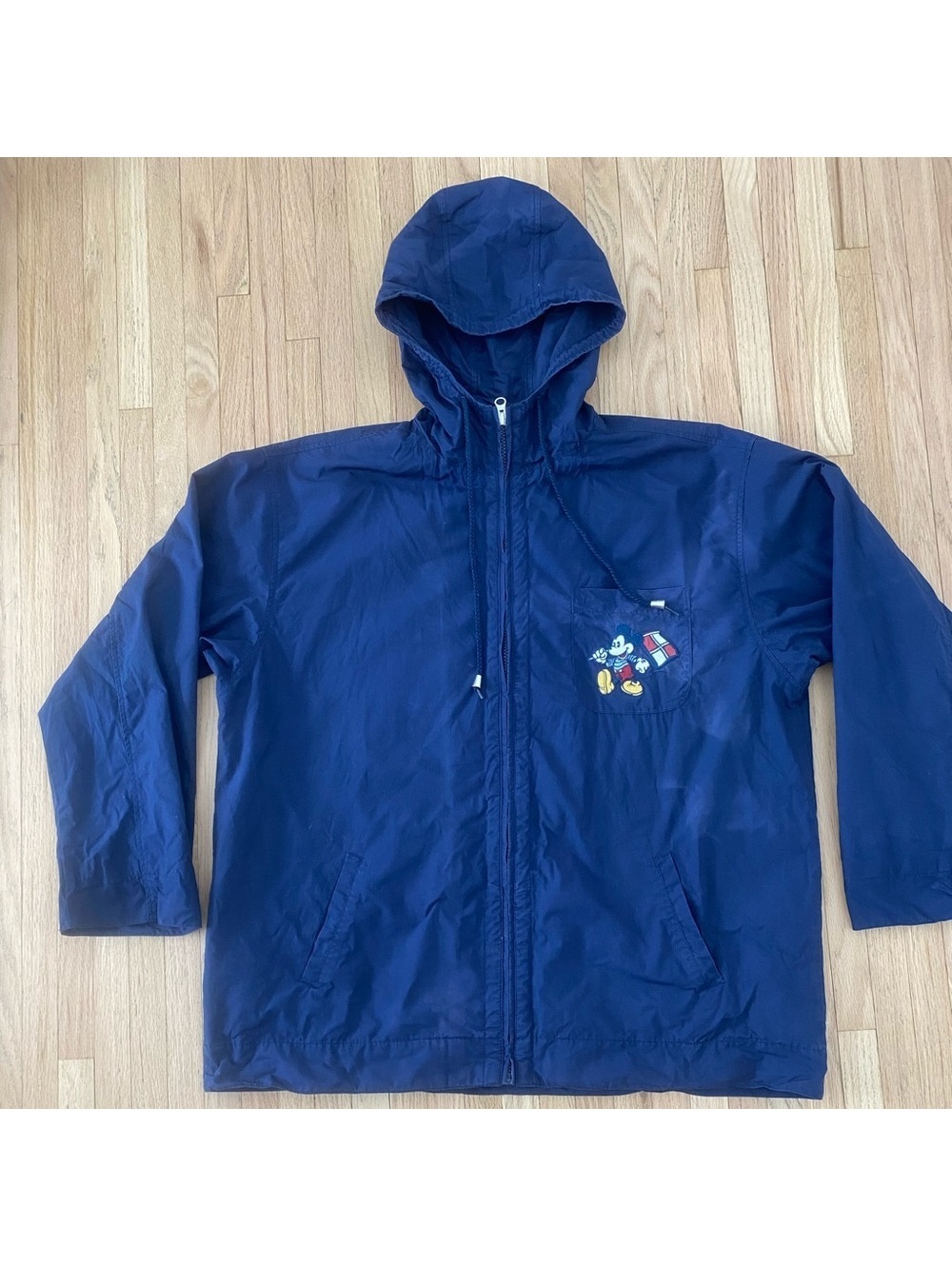 Vintage Disney Store hooded embroidered full zip navy windbreaker Mickey Donald